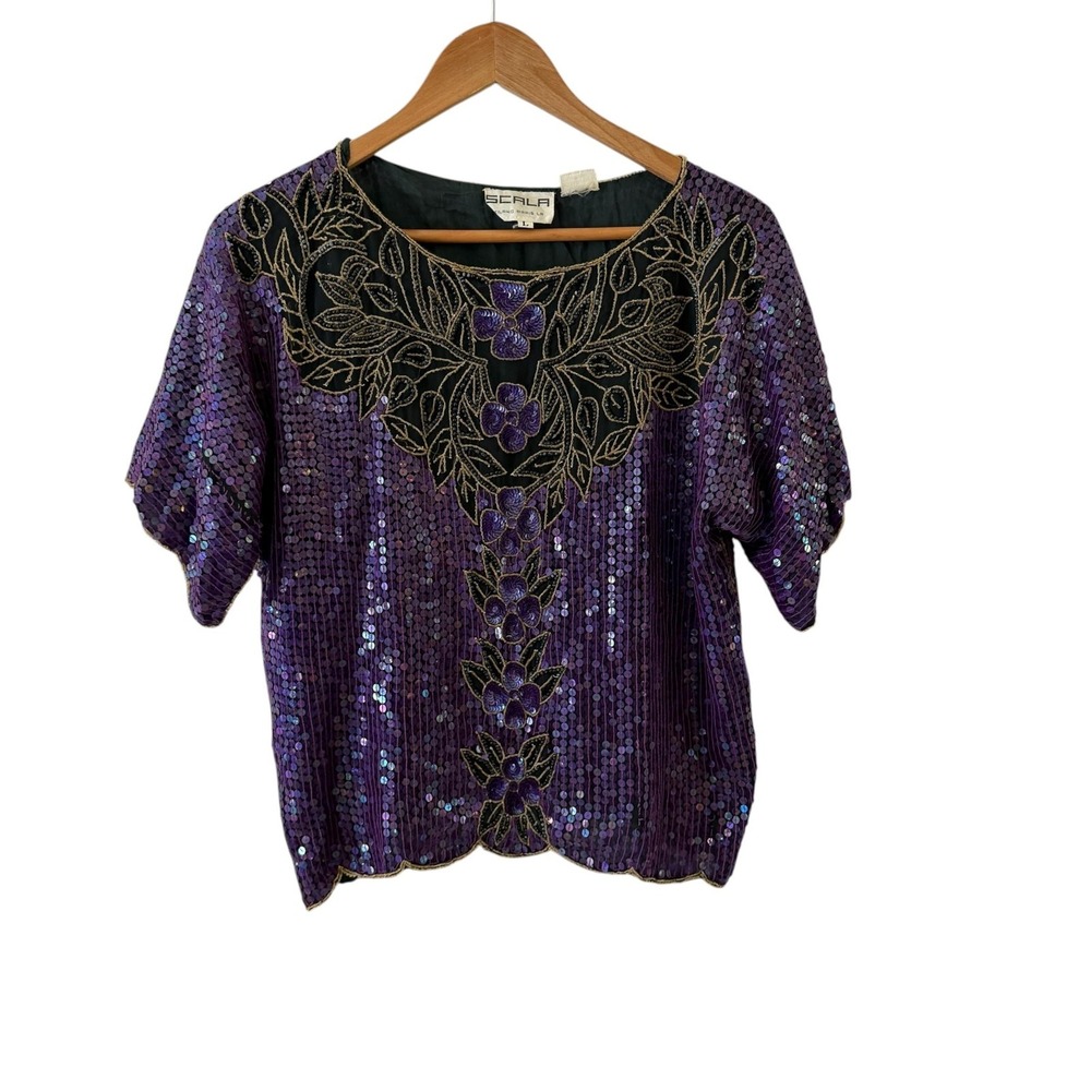 Vtg Scala Sequin Beaded Silk Top L Purple Floral Party Cocktail Art Deco Glam